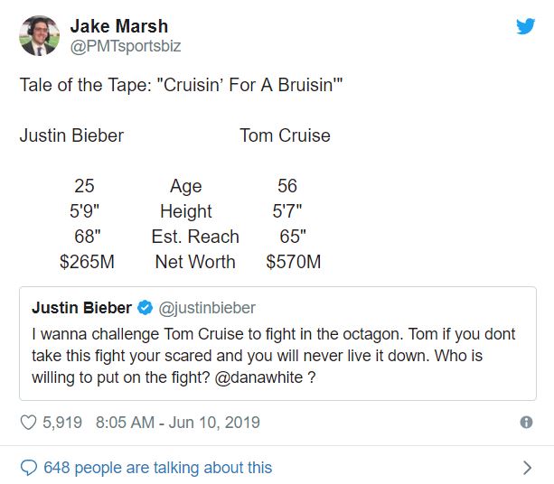 Justin Bieber thách thức Tom Cruise choảng nhau tại UFC